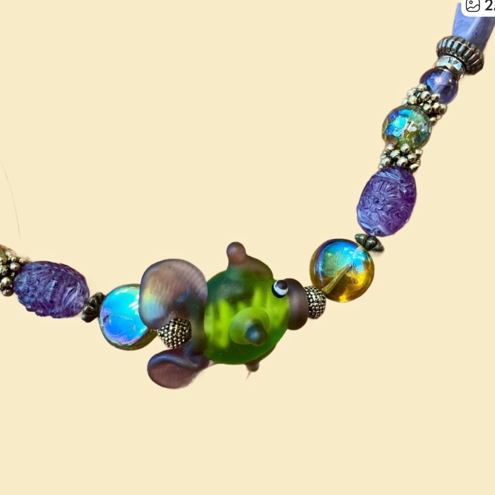Green and Purple Fish Glass Beaded Necklace